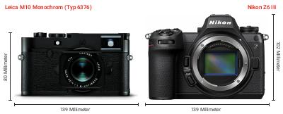 Größenvergleich: Leica M10 Monochrom (Typ 6376) vs. Nikon Z6 III Größenvergleich: Leica M10 Monochrom (Typ 6376) vs. Nikon Z6 III
