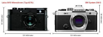 Größenvergleich: Leica M10 Monochrom (Typ 6376) vs. OM System OM-3 Größenvergleich: Leica M10 Monochrom (Typ 6376) vs. OM System OM-3