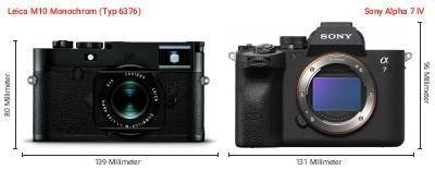 Größenvergleich: Leica M10 Monochrom (Typ 6376) vs. Sony Alpha 7 IV Größenvergleich: Leica M10 Monochrom (Typ 6376) vs. Sony Alpha 7 IV