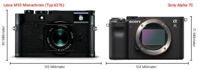 Größenvergleich: Leica M10 Monochrom (Typ 6376) vs. Sony Alpha 7C Größenvergleich: Leica M10 Monochrom (Typ 6376) vs. Sony Alpha 7C