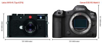 Größenvergleich: Leica M10-R (Typ 6376) vs. Canon EOS R5 Mark II Größenvergleich: Leica M10-R (Typ 6376) vs. Canon EOS R5 Mark II