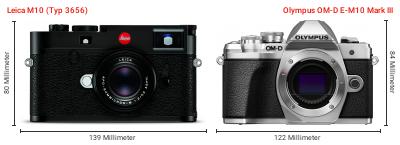 Größenvergleich: Leica M10 (Typ 3656) vs. OM System OM-D E-M10 Mark III Größenvergleich: Leica M10 (Typ 3656) vs. OM System OM-D E-M10 Mark III