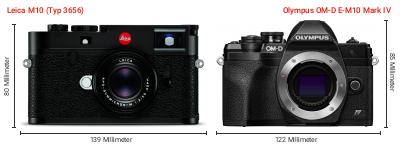 Größenvergleich: Leica M10 (Typ 3656) vs. OM System OM-D E-M10 Mark IV Größenvergleich: Leica M10 (Typ 3656) vs. OM System OM-D E-M10 Mark IV