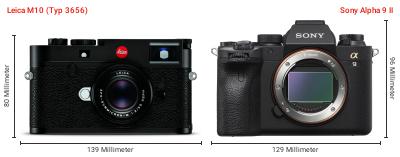 Größenvergleich: Leica M10 (Typ 3656) vs. Sony Alpha 9 II