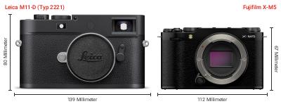 Größenvergleich: Leica M11-D (Typ 2221) vs. Fujifilm X-M5 Größenvergleich: Leica M11-D (Typ 2221) vs. Fujifilm X-M5