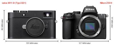 Größenvergleich: Leica M11-D (Typ 2221) vs. Nikon Z50 II Größenvergleich: Leica M11-D (Typ 2221) vs. Nikon Z50 II