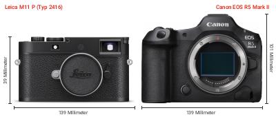 Größenvergleich: Leica M11 P (Typ 2416) vs. Canon EOS R5 Mark II Größenvergleich: Leica M11 P (Typ 2416) vs. Canon EOS R5 Mark II