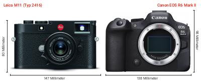 Größenvergleich: Leica M11 (Typ 2416) vs. Canon EOS R6 Mark II Größenvergleich: Leica M11 (Typ 2416) vs. Canon EOS R6 Mark II