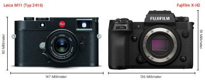 Größenvergleich: Leica M11 (Typ 2416) vs. Fujifilm X-H2 Größenvergleich: Leica M11 (Typ 2416) vs. Fujifilm X-H2