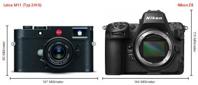 Größenvergleich: Leica M11 (Typ 2416) vs. Nikon Z8 Größenvergleich: Leica M11 (Typ 2416) vs. Nikon Z8