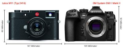 Größenvergleich: Leica M11 (Typ 2416) vs. OM System OM-1 Mark II Größenvergleich: Leica M11 (Typ 2416) vs. OM System OM-1 Mark II