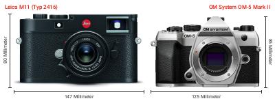 Größenvergleich: Leica M11 (Typ 2416) vs. OM System OM-5 Mark II