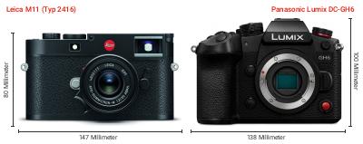 Größenvergleich: Leica M11 (Typ 2416) vs. Panasonic Lumix DC-GH6 Größenvergleich: Leica M11 (Typ 2416) vs. Panasonic Lumix DC-GH6