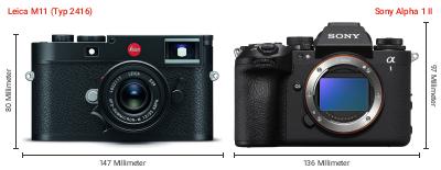 Größenvergleich: Leica M11 (Typ 2416) vs. Sony Alpha 1 II Größenvergleich: Leica M11 (Typ 2416) vs. Sony Alpha 1 II