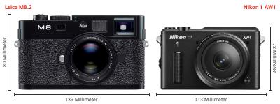 Größenvergleich: Leica M8.2 vs. Nikon 1 AW1 Größenvergleich: Leica M8.2 vs. Nikon 1 AW1