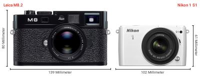 Größenvergleich: Leica M8.2 vs. Nikon 1 S1 Größenvergleich: Leica M8.2 vs. Nikon 1 S1