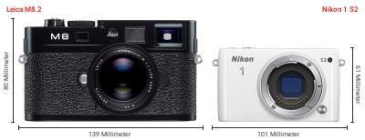 Größenvergleich: Leica M8.2 vs. Nikon 1 S2 Größenvergleich: Leica M8.2 vs. Nikon 1 S2