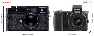 Größenvergleich: Leica M8.2 vs. Nikon 1 V2 Größenvergleich: Leica M8.2 vs. Nikon 1 V2