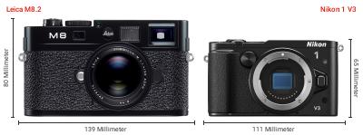 Größenvergleich: Leica M8.2 vs. Nikon 1 V3 Größenvergleich: Leica M8.2 vs. Nikon 1 V3