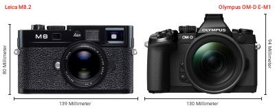 Größenvergleich: Leica M8.2 vs. OM System OM-D E-M1 Größenvergleich: Leica M8.2 vs. OM System OM-D E-M1