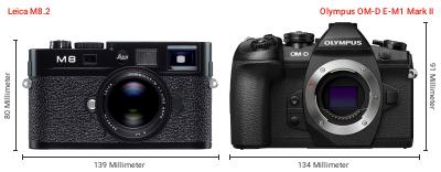 Größenvergleich: Leica M8.2 vs. OM System OM-D E-M1 Mark II Größenvergleich: Leica M8.2 vs. OM System OM-D E-M1 Mark II