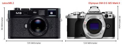 Größenvergleich: Leica M8.2 vs. OM System OM-D E-M5 Mark II Größenvergleich: Leica M8.2 vs. OM System OM-D E-M5 Mark II