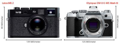 Größenvergleich: Leica M8.2 vs. OM System OM-D E-M5 Mark III Größenvergleich: Leica M8.2 vs. OM System OM-D E-M5 Mark III
