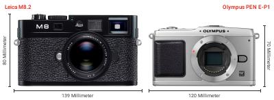 Größenvergleich: Leica M8.2 vs. OM System PEN E-P1 Größenvergleich: Leica M8.2 vs. OM System PEN E-P1