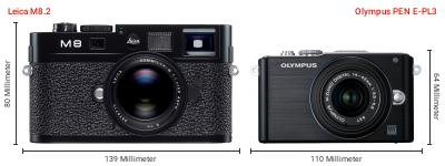 Größenvergleich: Leica M8.2 vs. OM System PEN E-PL3 Größenvergleich: Leica M8.2 vs. OM System PEN E-PL3