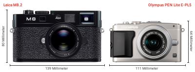 Größenvergleich: Leica M8.2 vs. OM System PEN Lite E-PL5 Größenvergleich: Leica M8.2 vs. OM System PEN Lite E-PL5