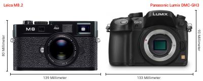 Größenvergleich: Leica M8.2 vs. Panasonic Lumix DMC-GH3 Größenvergleich: Leica M8.2 vs. Panasonic Lumix DMC-GH3