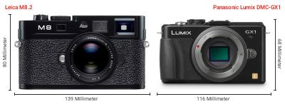 Größenvergleich: Leica M8.2 vs. Panasonic Lumix DMC-GX1 Größenvergleich: Leica M8.2 vs. Panasonic Lumix DMC-GX1