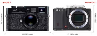 Größenvergleich: Leica M8.2 vs. Pentax K-01 Größenvergleich: Leica M8.2 vs. Pentax K-01