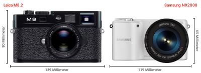 Größenvergleich: Leica M8.2 vs. Samsung NX2000 Größenvergleich: Leica M8.2 vs. Samsung NX2000