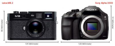 Größenvergleich: Leica M8.2 vs. Sony Alpha 3000 Größenvergleich: Leica M8.2 vs. Sony Alpha 3000