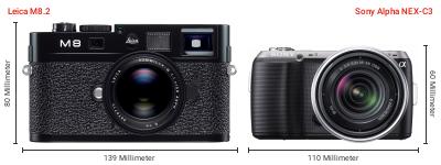 Größenvergleich: Leica M8.2 vs. Sony Alpha NEX-C3 Größenvergleich: Leica M8.2 vs. Sony Alpha NEX-C3
