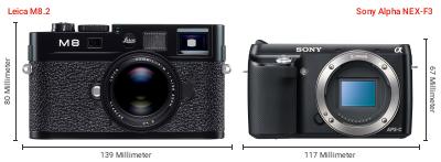 Größenvergleich: Leica M8.2 vs. Sony Alpha NEX-F3 Größenvergleich: Leica M8.2 vs. Sony Alpha NEX-F3