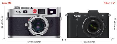 Größenvergleich: Leica M8 vs. Nikon 1 V1 Größenvergleich: Leica M8 vs. Nikon 1 V1