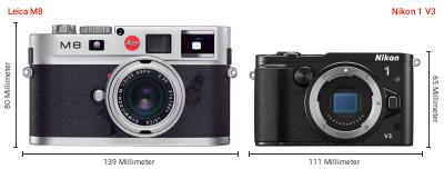Größenvergleich: Leica M8 vs. Nikon 1 V3 Größenvergleich: Leica M8 vs. Nikon 1 V3