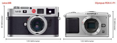 Größenvergleich: Leica M8 vs. OM System PEN E-P1 Größenvergleich: Leica M8 vs. OM System PEN E-P1