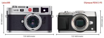 Größenvergleich: Leica M8 vs. OM System PEN E-P5 Größenvergleich: Leica M8 vs. OM System PEN E-P5