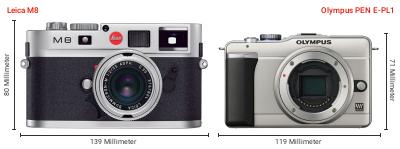 Größenvergleich: Leica M8 vs. OM System PEN E-PL1 Größenvergleich: Leica M8 vs. OM System PEN E-PL1