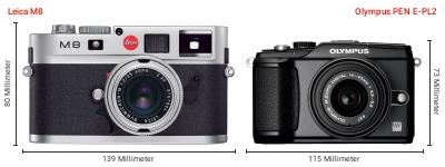 Größenvergleich: Leica M8 vs. OM System PEN E-PL2 Größenvergleich: Leica M8 vs. OM System PEN E-PL2