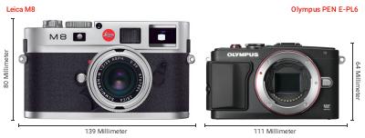 Größenvergleich: Leica M8 vs. OM System PEN E-PL6 Größenvergleich: Leica M8 vs. OM System PEN E-PL6
