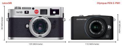 Größenvergleich: Leica M8 vs. OM System PEN E-PM1 Größenvergleich: Leica M8 vs. OM System PEN E-PM1