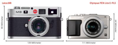 Größenvergleich: Leica M8 vs. OM System PEN Lite E-PL5 Größenvergleich: Leica M8 vs. OM System PEN Lite E-PL5