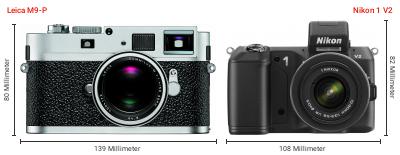 Größenvergleich: Leica M9-P vs. Nikon 1 V2 Größenvergleich: Leica M9-P vs. Nikon 1 V2