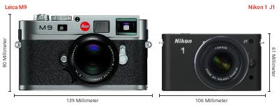 Größenvergleich: Leica M9 vs. Nikon 1 J1 Größenvergleich: Leica M9 vs. Nikon 1 J1