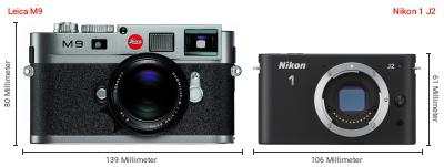 Größenvergleich: Leica M9 vs. Nikon 1 J2 Größenvergleich: Leica M9 vs. Nikon 1 J2
