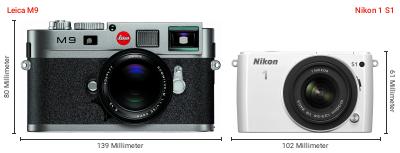 Größenvergleich: Leica M9 vs. Nikon 1 S1 Größenvergleich: Leica M9 vs. Nikon 1 S1